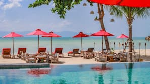 Outdoor pool, pool umbrellas, pool loungers