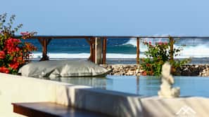 Outdoor pool, pool umbrellas, pool loungers