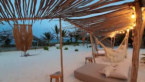 Private beach, white sand, free beach cabanas, sun loungers