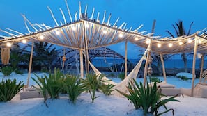 Private beach, white sand, free beach cabanas, sun loungers