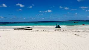 Private beach, white sand, free beach cabanas, sun loungers