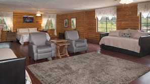 Flat-screen TV, fireplace, DVD player, books