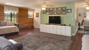 Flat-screen TV, fireplace, DVD player, books