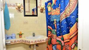 Shower, rainfall showerhead, towels