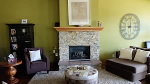 TV, fireplace, DVD player, books