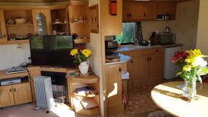 Fridge, microwave, hob, toaster