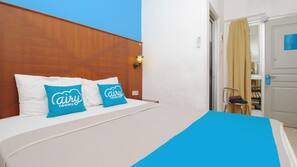 Desk, laptop workspace, blackout curtains, free WiFi