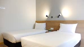 Desk, blackout curtains, free WiFi, linens