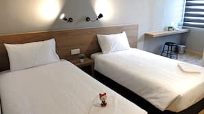Desk, blackout curtains, free WiFi, linens