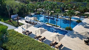 2 outdoor pools, open 8:00 AM to 9:00 PM, pool umbrellas, sun loungers