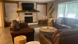 TV, fireplace, books, music library