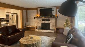 TV, fireplace, books, music library