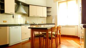 Full-size fridge, oven, stovetop, dishwasher