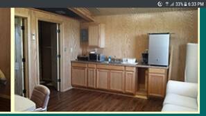 Fridge, microwave, hob, coffee/tea maker