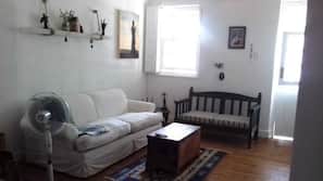 Flat-screen TV, fireplace