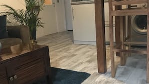 Fridge, microwave, hob, coffee/tea maker