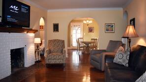 TV, fireplace, books, stereo
