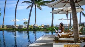 Outdoor pool, open 9:00 AM to 7:00 PM, pool umbrellas, pool loungers