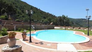 Piscina all'aperto, ombrelloni da piscina, lettini