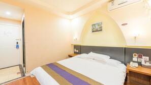 Desk, blackout curtains, free WiFi, linens