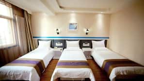 Desk, blackout curtains, free WiFi, linens