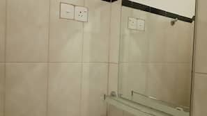 Shower, rainfall showerhead, hair dryer, slippers