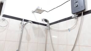 Shower, rainfall showerhead, hair dryer, slippers