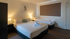 Blackout curtains, iron/ironing board, free WiFi, linens