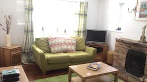 32-inch flat-screen TV with satellite channels, fireplace