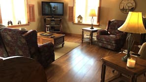 TV, fireplace, books