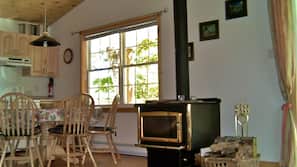 Fireplace, DVD player, books