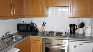Fridge, microwave, hob, cookware/dishes/utensils