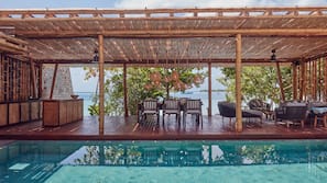 Outdoor pool, pool umbrellas, pool loungers