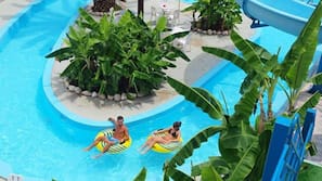 Outdoor pool, pool umbrellas, sun loungers