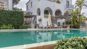 Outdoor pool, pool umbrellas, pool loungers