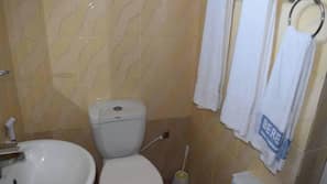 Shower, towels, soap, toilet paper