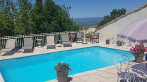 Seasonal outdoor pool, pool umbrellas, pool loungers