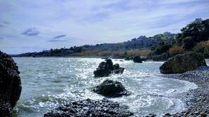 On the beach, black sand