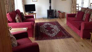 Flat-screen TV, fireplace