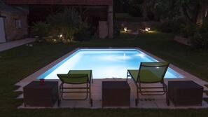 Seasonal outdoor pool, pool loungers
