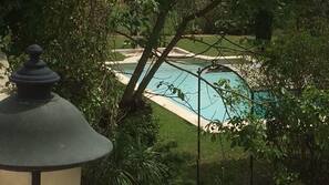 Seasonal outdoor pool, sun loungers