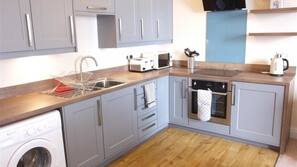 Fridge, microwave, oven, high chair