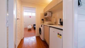 Fridge, microwave, hob, electric kettle