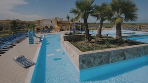 Outdoor pool, pool umbrellas, pool loungers