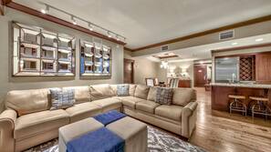 Flat-screen TV, fireplace