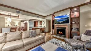 Flat-screen TV, fireplace