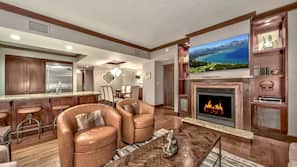 Flat-screen TV, fireplace