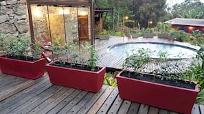 Outdoor pool, pool umbrellas, pool loungers