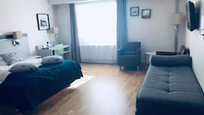 Desk, laptop workspace, free WiFi, linens