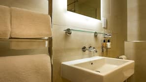 Rainfall showerhead, hair dryer, towels, soap